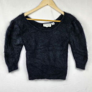 Vintage 80s Nordstrom Black Fuzzy Angora Rabbit Fur ¾ Sleeve Crop Top Sweater
